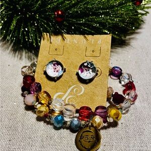 Colorful Beaded Santa Bracelet and Santa stud Earrings Set